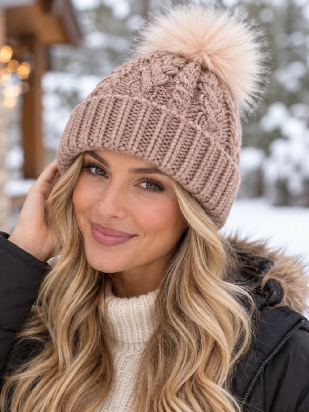 West Loop Cable-knit winter beanie with Faux Fur Pom Pom